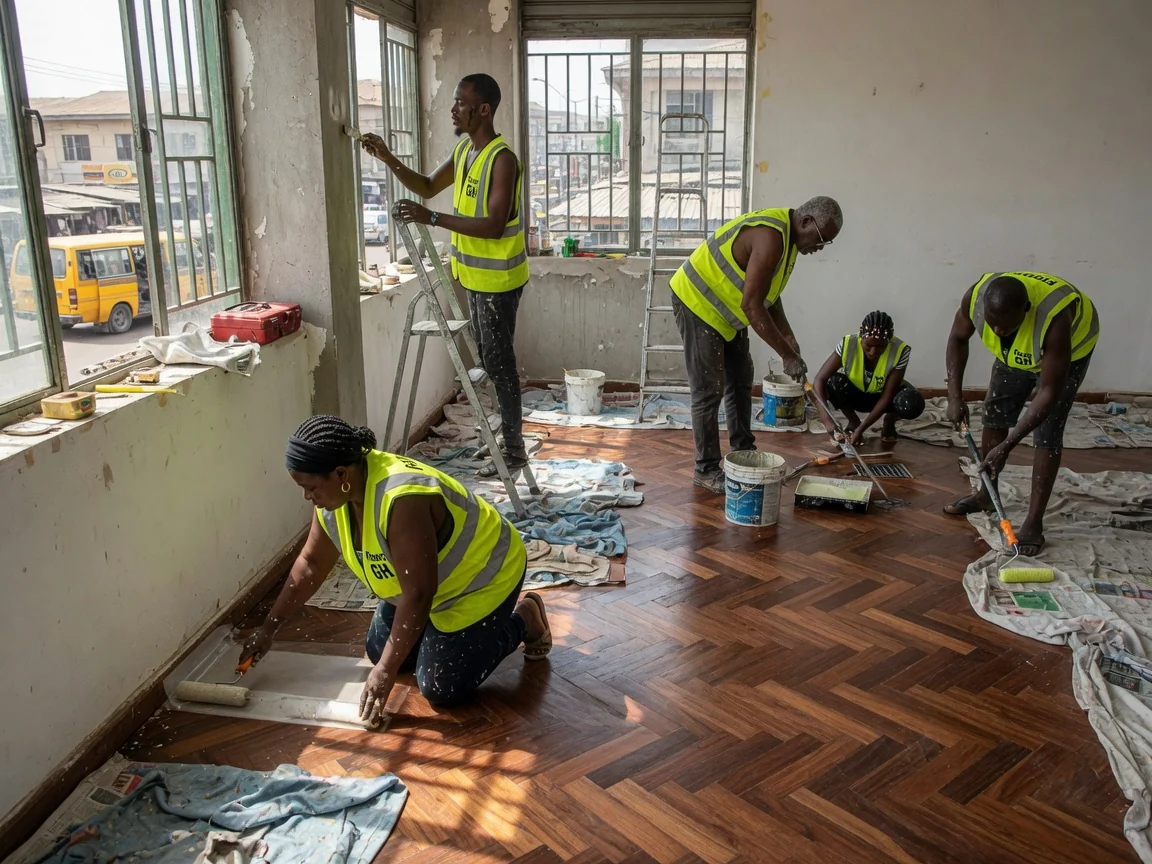 Heritage parquet restoration in Accra, Ghana — heritage herringbone parquet block lift documented sequence accra floorsgh, Accra Ghana